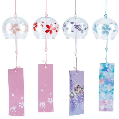 WEBEEDY 4 Styles Japanese Wind Chimes Cherry Blossom Glass Wind Bells Handmade Romantic Flower Windchimes for Indoor Outdoor Hanging Ornament Japanese Decoration for Car,Garden,Patio,Balcony,40 cm