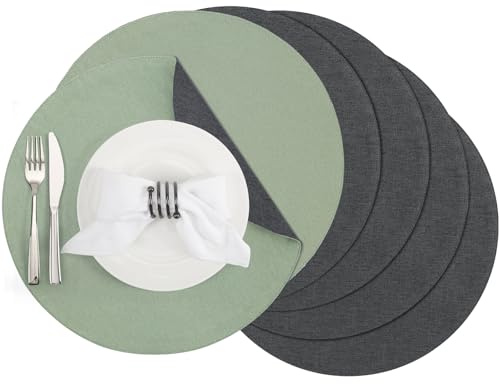 Banchif Tischsets abwaschbar doppelseitig Platzset Platzdecken abwaschbar | Platzsets abwaschbar Rund 6er Set doppelseitige Tischsets Leinenimitat maschinenwaschbar Platzdecken (Grau Salbeigrün)