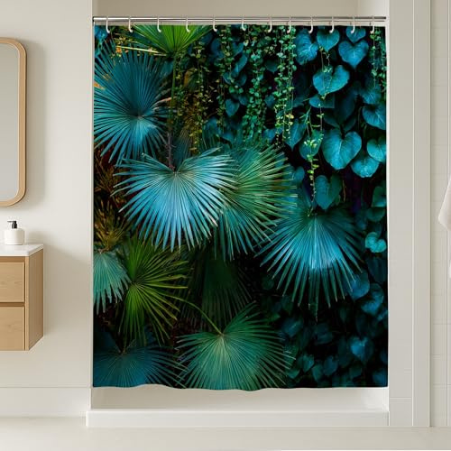 Tropical Shower Curtain, Teal Green Palm Leaves Bathroom Decor, Summer Houseplant Modern Nature Style Shower Curtain with Hooks, Waterproof Fabric 54x78 Inch