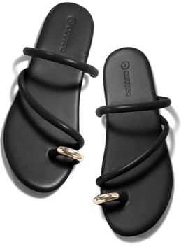 Coutgo Womens Strappy Flat Sandals Square Open Toe Flip Flops Slides Toe Ring Metal Summer Dress Shoes, Black, size 10
