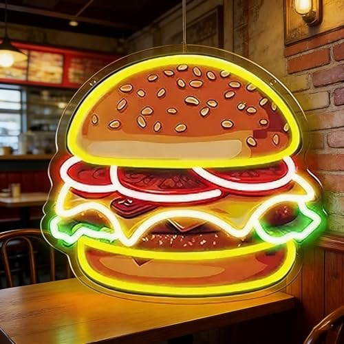 Burgers Open“-Neon-Schild, dimmbare LED-Hamburger-Leuchten für Wand | Bar, Party, Fast-Food-Laden, Küche, Restaurant, Café, Raumdekoration, Geschenk, USB-betrieben