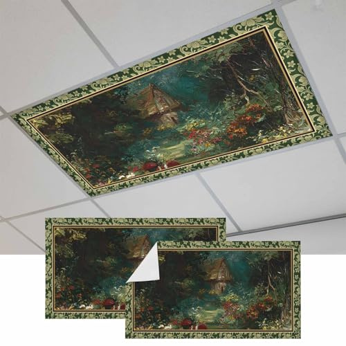 Fluorescent Light Covers, Forest Magnetic Light Covers for Ceiling Lights, Spring Oil Painting Country Cabin Trees Flower Fluorescent Ceiling Shade Filters for Classroom Bedroom Office 4x2Ft x 2PCS