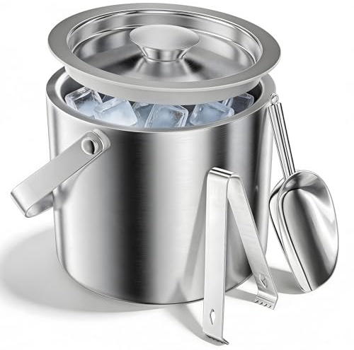 Zourglow 3L Secchiello Ghiaccio Isotermico con Coperchio Pinze e Pala, Porta Ghiaccio per Secchi Acciaio Inox a Doppia Parete Isolante, per Bar, Feste, Compleanni, Pic-Nic, Birra, Champagne, Vino
