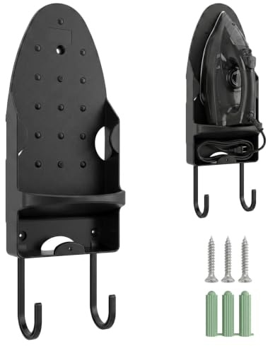 EVTHUR Iron Holder Wall Mount & Ironing Board Hanger, Space Saving Iron Storage Rack with Stainless Steel Screws, Universal Irons Wall Mount Organizer for Laundry Room and Bathroom (Black 300x225mm)
