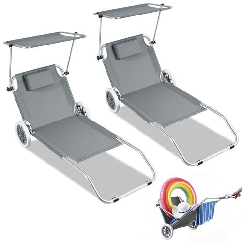 Jaxguom 2-in-1 Aluminium Sonnenliege mit Rollen, 2er Strandliege klappbar leicht rostfrei, Verstellbarer Liegestuhl mit Sonnendach Kissen, Rollliege für Garten Strand, Transporthilfe, Grau