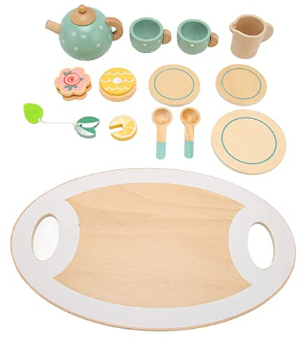 Focket Juego de té para Niñas Pequeñas, Bordes Lisos, Accesorios Ricos, Juguetes de Madera, Juego de Fiesta de té con Bandeja, Tetera, Cuchara, Rebanada de Limón, Pastel, Bola de , Posavasos para