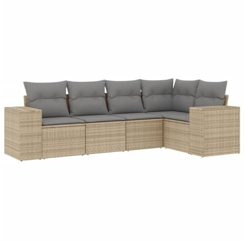 zylophax 5-TLG. Garten-Sofagarnitur aus Poly Rattan mit Kissen Beige, wetterfestes Loungesofa modular erweiterbar für Terrasse Balkon Wintergarten Außenbereich