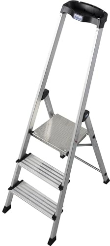 Krause 127914 Stufen-Stehleiter Safety 3 Stufen max. Arbeitshöhe 2.65 m | Mit hohem Sicherheitsbügel, 3 Stufen