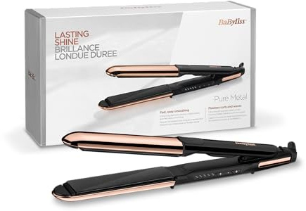 BaByliss ST481E Pure Metal Plancha de pelo profesional 2 en 1, alisa y ondula, con efecto Top Coat, ajustes de temperatura de 150º a 230ºC, función iónica, Negro/Oro Rosa, 28 x 120 mm