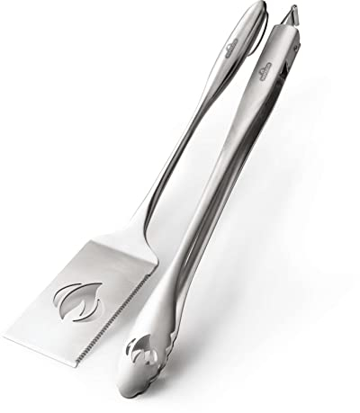 Napoleon Accessory 70033 - PRO Edelstahl 2-teiliges Werkzeugset - Premium BBQ Grill Toolset, Guss Edelstahl, Ergonomische Griffe, Aufhängeschlaufen, Inklusive Zange, Multifunktionsspatel