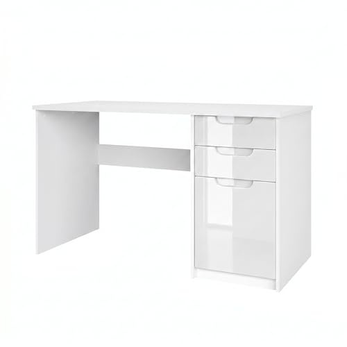 Vladon Schreibtisch Logan, Made in Germany, Bürotisch mit 2 Schubladen und 1 Tür, Weiß matt/Weiß Hochglanz (129 x 76 x 60 cm)