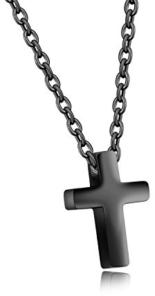 Eymi Children Stainless Steel Small Cross Pendant Necklace Security Hypoallergenic, 16 Chain (Black-Tone)