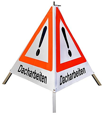 Warnpyramide/Faltsignal - Dacharbeiten - VZ101-Ausrufezeichen (1 - tagesleuchtend weiß, 70 cm leicht mit Mittelfuß)