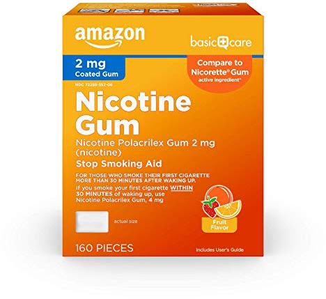 Amazon Basic Care Coated Nicotine Polacrilex Gum, 2 mg, Fruit Flavor, Stop Smoking Aid, Reduces Cravings, Smoking Cessation, 160 Count