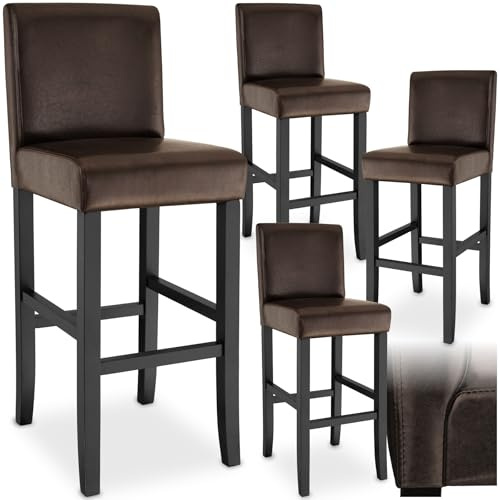 tectake® 4er Set Barhocker, Bistrohocker, Tresenhocker, Barhocker mit Lehne, gepolsterter Barstuhl, Bistrostuhl mit Fußstütze, Holz und Kunstleder, Stuhlbeine aus Massivholz, 107 cm hoch - braun