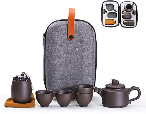 Set da tè da viaggio in ceramica cinese Kung Fu portatile fatto a mano, teiera in argilla viola, tazze da tè tutto in uno per adulti (set da tè con drago in argilla viola)