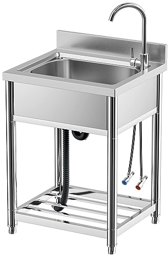 Free Standing Stainless-Steel Single Bowl Commercial Restaurant Kitchen Sink Set w/Faucet, Prep & Utility Washing Hand Basin w/Storage Shelve, laundry tub for Indoor Outdoor (22in)