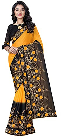 CRAFTSTRIBE Women's Black Pure Satin Sari with Heavy Embroidery Work & Blouse Piece - Traditional Indian Bollywood Saree