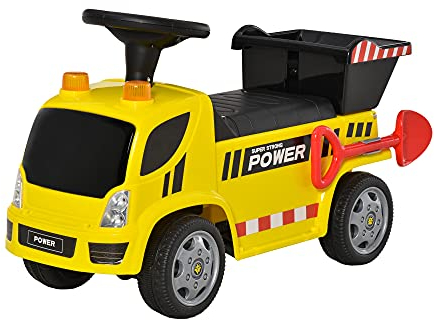 HOMCOM Sitzbagger für Kinder Rutscherfahrzeug mit Kippen Eimer und Schaufel Fuß Rutscherauto unter Sitz Lagerung für Baby 18-36 Monaten Metall PP-Kunststoff Gelb 72 x 28,2 x 42 cm