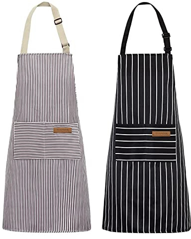Riqiaqia Grembiuli da Cucina da Cucina 2 pezzi, Grembiule da Cuoco Morbido Regolabile Grembiule da Cucina per Barbecue con 2 Tasche per Uomo Donna (Strisce Marroni/Nere)