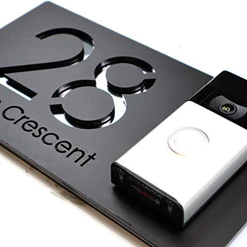 K Smart Sign | Bellissima Video Doorbell house sign door number plaques for Nest Ring Wifi doorbell plate mount | Matt Black - Silver Chrome Mirror | Contemporary Style | 300mm x 160mm