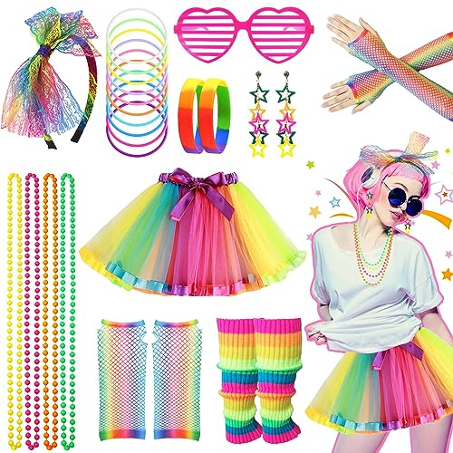 80-talsdräkt för kvinnor och flickor, gröna kostymtillbehör för 80-talsfest, tutu-kjol, leggings, näthandskar, retrooutfit för 80-talsfest (färgglad)