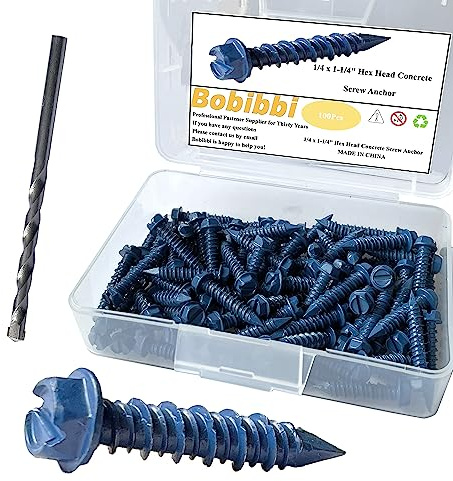 Bobibbi 1/4 x 1-1/4 Hex Head Concrete Screw Anchor, for Anchoring to Masonry, Block or Brick (100Pcs)