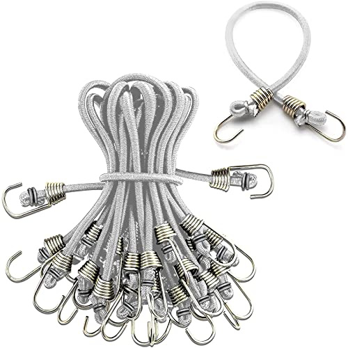 MOROBOR Weißes elastisches Seil-Gummiband, 10 Stück Mini-Bungee-Seile mit Metallhaken, dehnbare Gummi-Schnüre mit Haken für Fahrräder, Drahtständer, Zelte und Handwagen usw