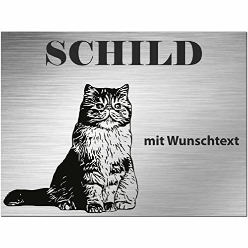 INDIGOS UG - Schilder selbst gestalten Perser Katze - Schild personalisiert - Aluverbund Edelstahllook - ab 20x15 cm - Spruch - Deko Geschenkidee für Ihre Katze - Zaun - Türschild