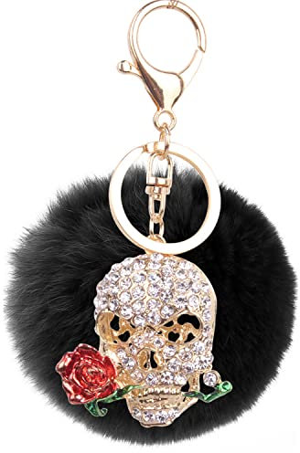 Canarea Schlüsselanhänger plüsch ball Taschenanhänger Mini Glitzer Schädel Rosa Blumen strass bommel Plüsch-Kugel Auto-Anhänger Dekor Pompom Weich Schlüsselring Keychain (Schwarz)