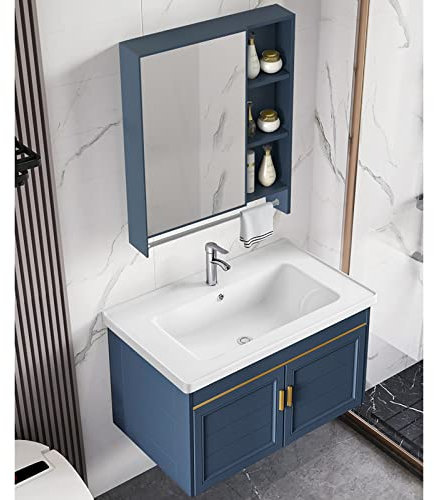 Mobiletto da Bagno con Lavandino, Moderno Set da Bagno Galleggiante per Montaggio A Parete, Blu Navy, Lavandino in Ceramica Bianca, Compreso Rubinetto Acqua Calda E Fredda, Armadietto A Specchio (Siz