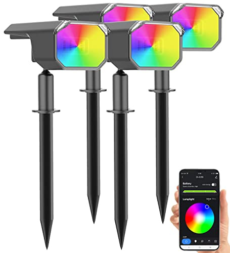 Luminea Home Control LED-Spot mit Erdspieß: 4er-Set smarte Solar-Spots, RGB-CCT-LED, 100 lm, 2.200 mAh, 1 W, IP65 (Gartenstrahler mit Bluetooth, Solarstrahler mit Bluetooth)