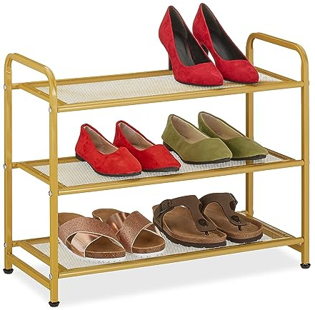 Relaxdays Zapatero, 6 Pares Zapatos, Bambú, 48 x 60 x 25 cm, Soporte Metal Calzado, Estrecho, 3 Baldas, Pasillo, Dorado