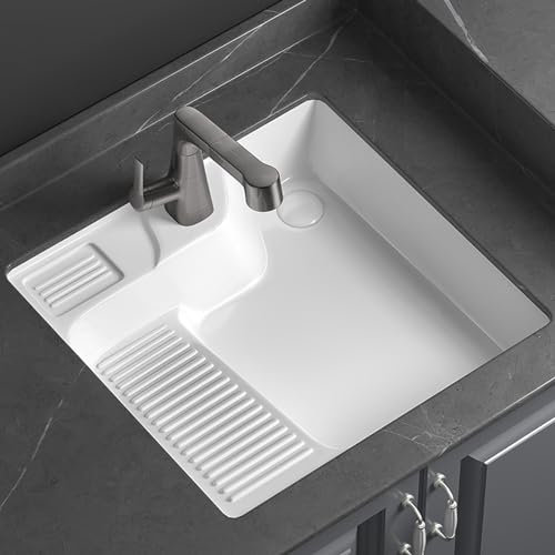 Fregadero de cerámica con juego de lavabo. lavabo rectangular de cerámica,Fregadero cerámico empotrado,Viene con juego de drenaje y tornillos de montaje, adecuado para baños, lavaderos