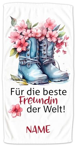 GRAZDesign Handtuch mit Namen personalisiert Stiefel mit Blumen, Geschenk für die Beste Freundin, Badetuch kuschelig weich - 100x50cm
