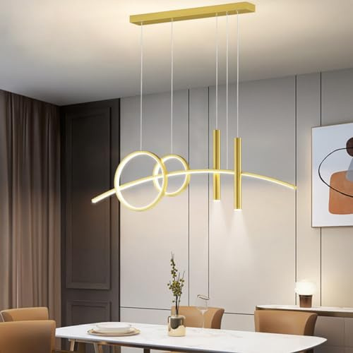 Aleaty Modern bord, LED, dimbar, matbord, hängande med fjärrkontroll, pendellampa, höjdjusterbar, ljuskrona, lampa för vardagsrum, matsal, kök, kontor (guld)