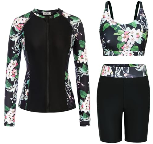 Women Three Piece Set Rashguards for Snorkeling Floral Print Tankini Set Top with Shorts Floral XXL