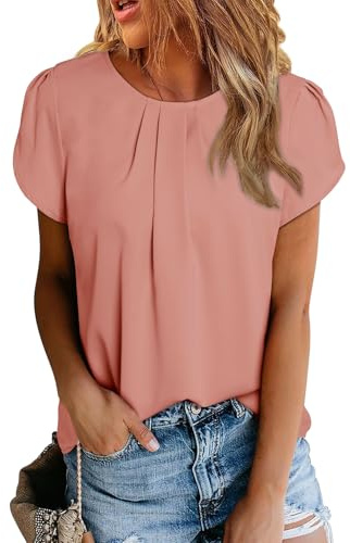 Dokotoo Camicia Donna Estiva Elegante Blusa a Maniche Corte con Girocollo Camicetta Casual in Chiffon Camicie, Rosa, 2XL