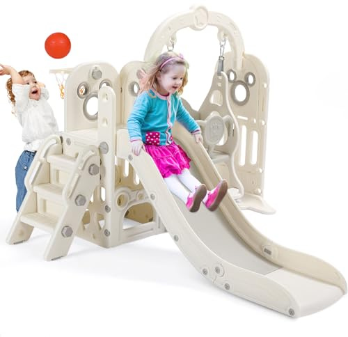 Arlopu 7 in 1 Toddler Slide and Swing Set, Kids Climber Playset with Ball & Hoop, Telescope, Suction Cup Reinforced Base, Baby Indoor Outdoor Playground (White)