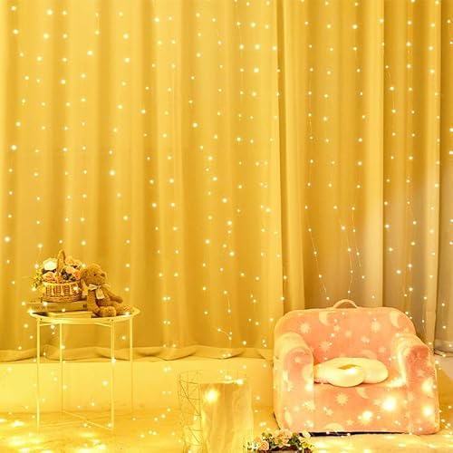 Kimuwote Lichtervorhang 2x2m, Llichterketten Vorhang Innen Außen 200 LEDs Wasserdicht USB Lichterkette Vorhang Warmweiß mit 10 Haken für Weihnachten, Valentinstag, Ramadan, Hochzeit