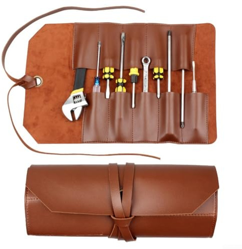 Zilimontt 1 x tragbare Leder-Werkzeug-Rolltasche, multifunktionaler Hardware-Schneider, Schraubenschlüssel, Aufbewahrung, strapazierfähige, gewachste Canvas-Werkzeugtasche für Heimwerker (braun)