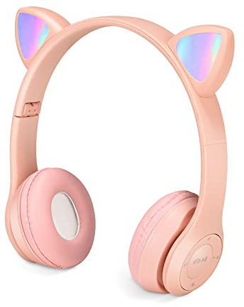 QCXWCJWD Écouteurs Bluetooth pour enfants avec microphone, écouteurs Bluetooth pour fille, écouteurs sans fil avec oreille de chat, écouteurs pliables pour enfants pour l'école, les voyages (Rose)