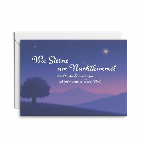Einzelkarte mit modernem Nachthimmel-Motiv – 'Wie Sterne am Nachthimmel leuchten die Erinnerungen' – hochwertige Trauerkarte mit Umschlag und weißem Einleger für persönliche Beileidsworte.