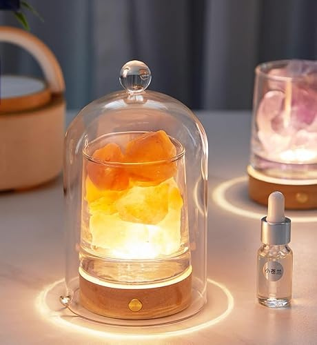 2 in 1 Himalayan Salt Lamp and Ultrasonic Essential Oil Diffuser, Fire Free Aromatherapy Light with 2 Essential Oils, Aromatherapy, 3 Colors USB Charging with Dust Glass Cover (Orange Stone)