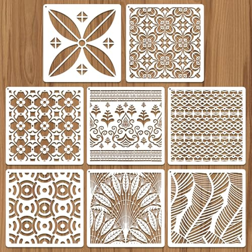 JSRQT 8 Pezzi Stencil Misti di Grandi per Texture, Modelli di Decorazioni Geometriche Mandala per Pittura, Set di Stencil Riutilizzabili in Plastica per Mobili Pavimenti Tela Legno Vetro, 20×20 CM