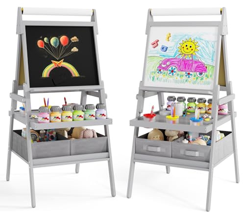 DREAMADE 3 in 1 Kinder Staffelei, doppelseitige Staffelei mit magnetischem Whiteboard, Kreidetafel, Papierrolle, 4 Farbbechern & 2 Stoffboxen, Kunststaffelei für Kinder ab 3 Jahre (Grau)
