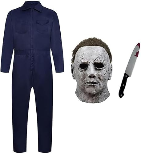 ELINA Michael Myers Aterrador Disfraz Costume de Cosplay de Carnaval de Halloween con Plastico Sangriento Cuchillo de Juguete y Látex Máscara