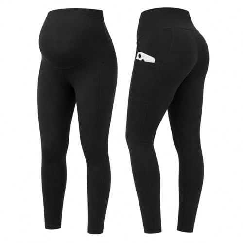 Three Icons 2 Pack Maternity Leggings with Pockets, Over The Bump Pregnancy Leggings, High Waisted Black Stretchy Maternity Pants, Soft Belly Support Trousers for Yoga & Everyday Wear, XL