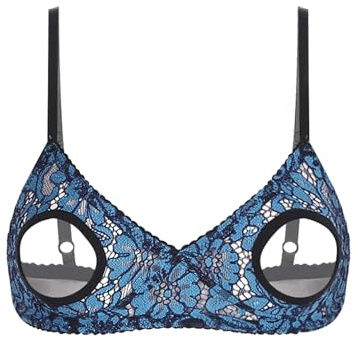 FEESHOW Dam Ouvert BH bröstvårtfri underkläder bygellös transparent spets bralette push up cut out underklädes-bh topp, Påfågelsblå, XXL