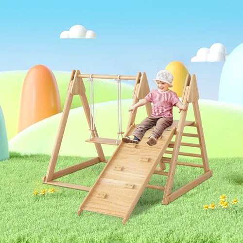 Toboggan et balançoire pour enfants, jouet en bois. Fabriqué en pin massif et contreplaqué. Jouet 3 en 1 pour enfants : portique, balançoire, toboggan et jeu d'intérieur.